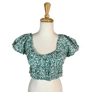 Sim & Sam Green Floral Scoop Neck Puff Sleeve Crop Top Cotton Sz XL
